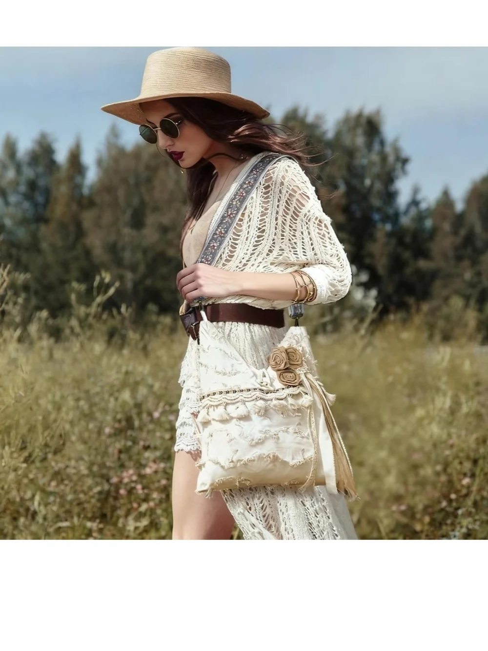 Cream Boho Floral Appliqué Hobo Bag